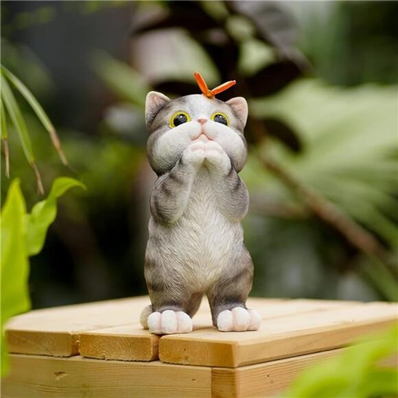 Garden Outdoor Decor Cat Statue with Solar Butterfly Light Cat Garden Decor - Picture 3 of 7